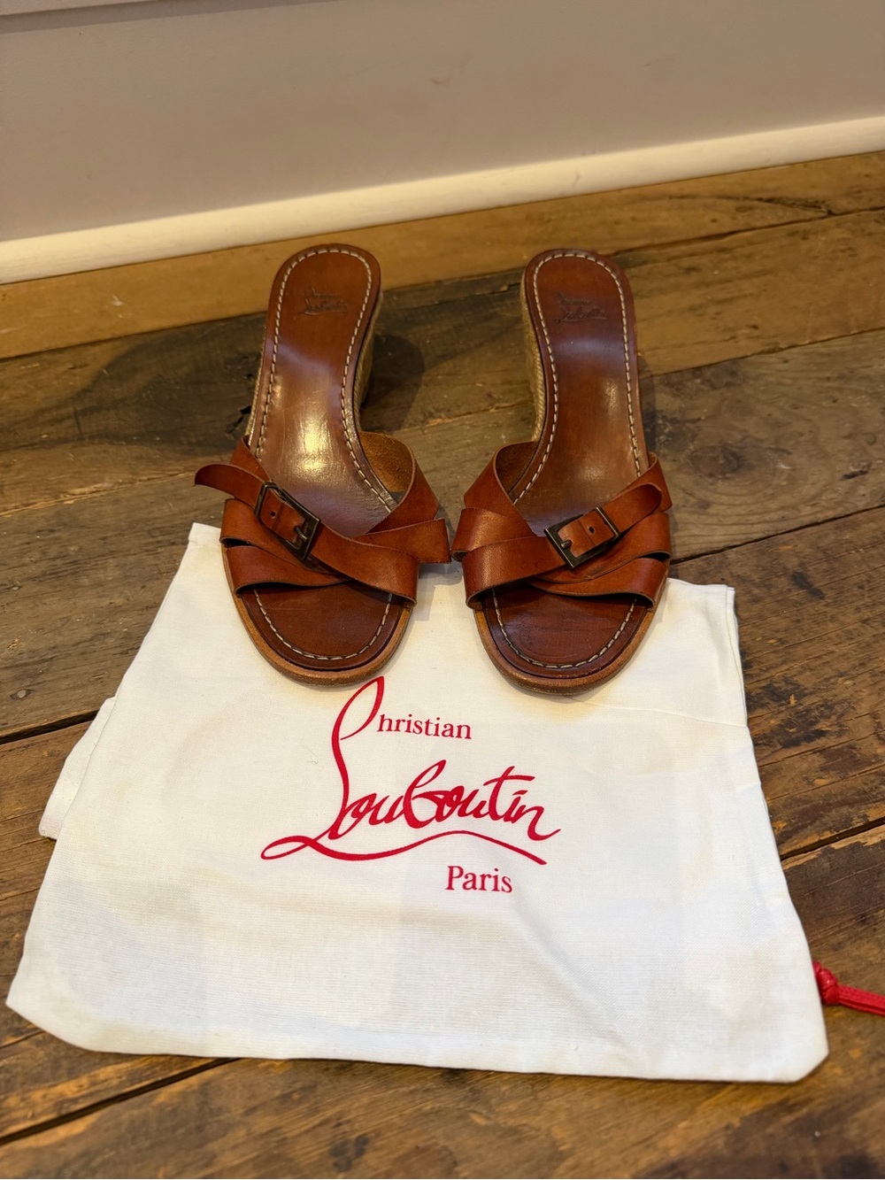 Christian Louboutin Brown Leather Slide Mules with Buckle